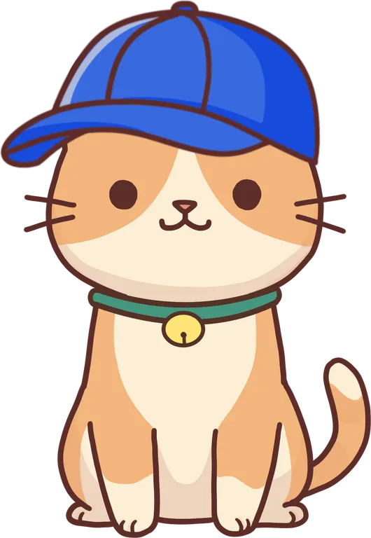 Ponzu, the orange cat companion, in a blue cap and bell collar