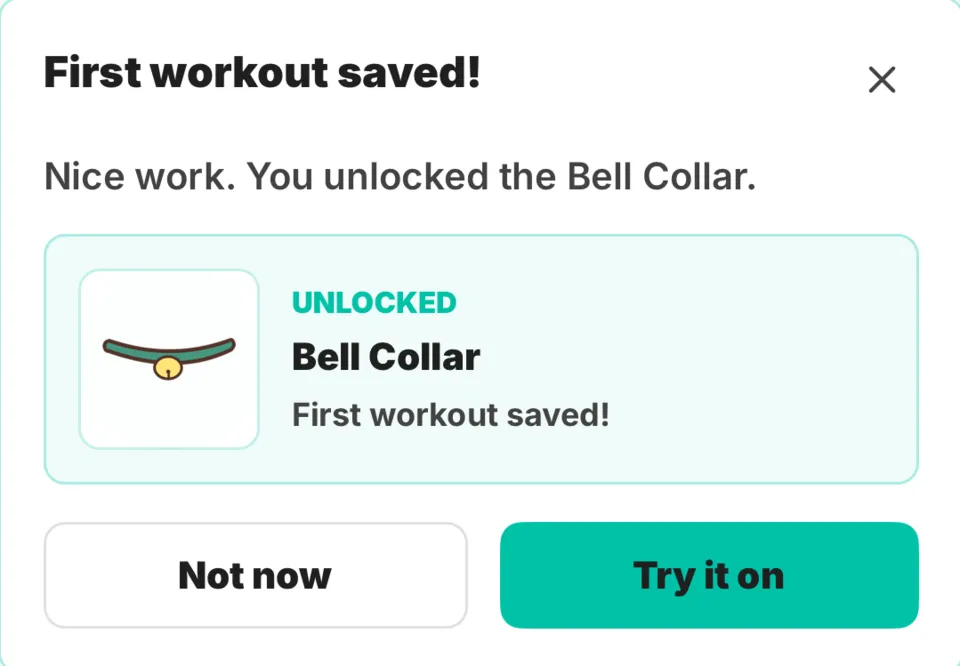First workout saved dialog unlocking the Bell Collar accessory, with a Try it on button