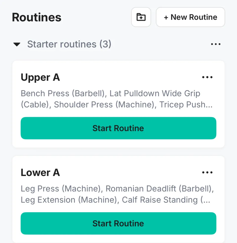 Spotpanion's routines list with reusable Upper A, Lower A, and Full Body starter routines, each with a Start Routine button