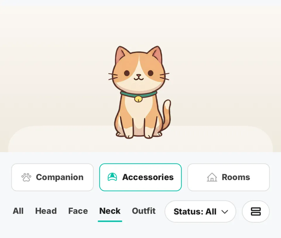 Spotpanion's Style screen with Ponzu the cat wearing the earned Bell Collar, above Companion, Accessories, and Rooms customization tabs
